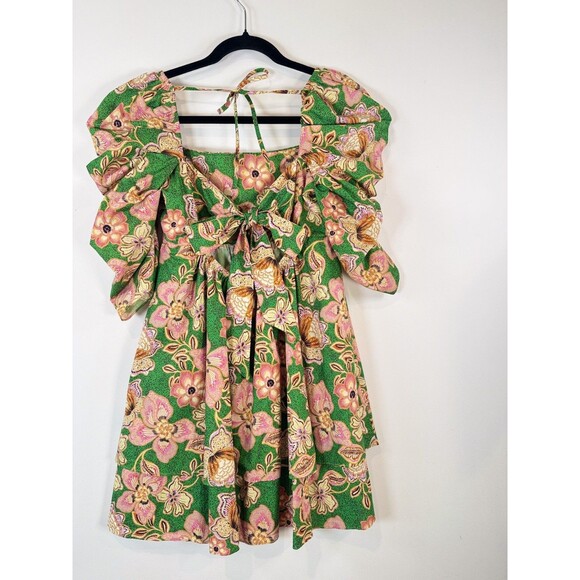 Misa Dress Green Kate Mini Ruched Puffed Floral Pintuck Tie Back A Line Boho XS - Picture 10 of 13
